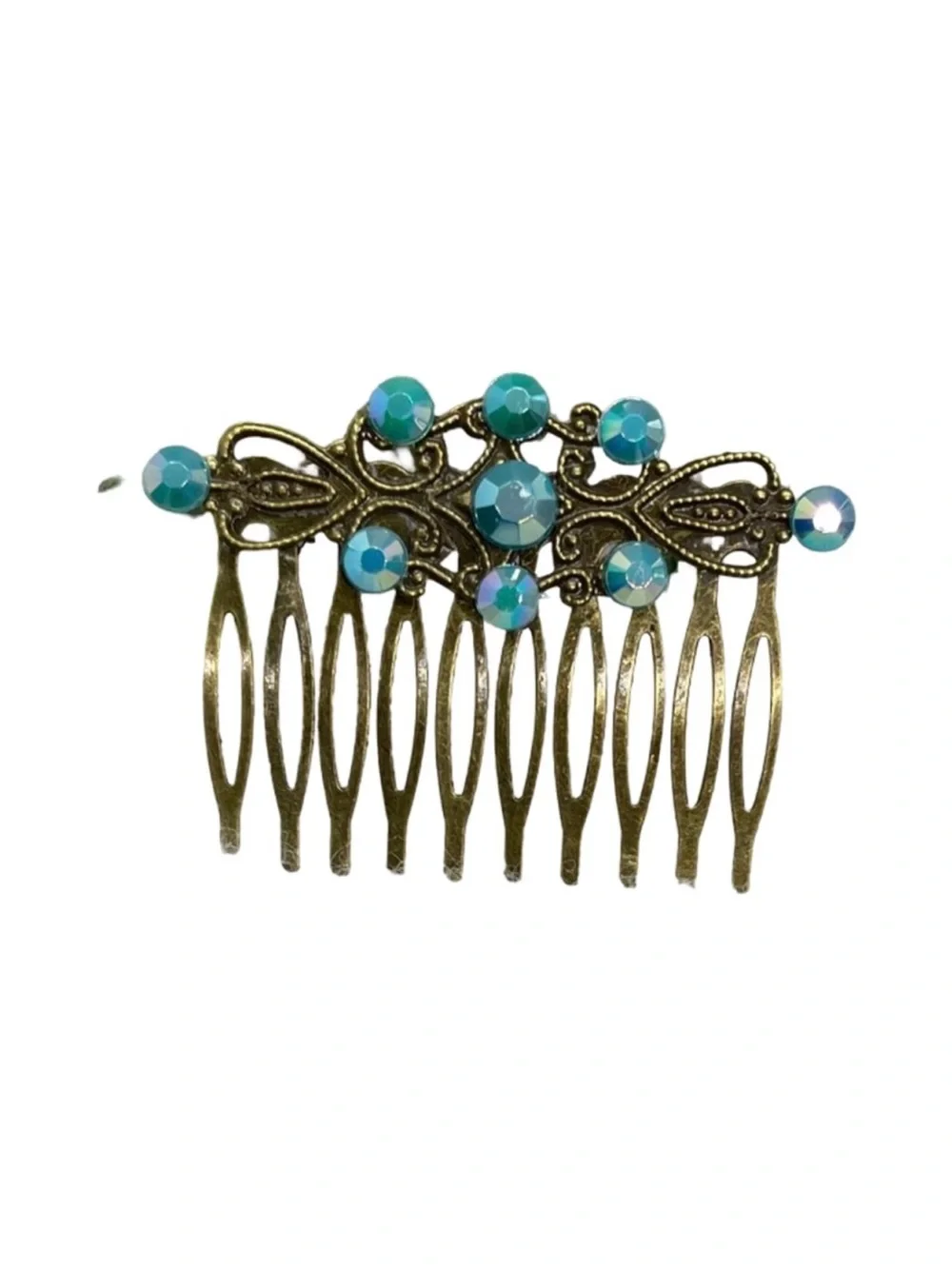 Antique Gold Hair Comb with Teal Blue Crystal Accents FINAL PRICE DROP